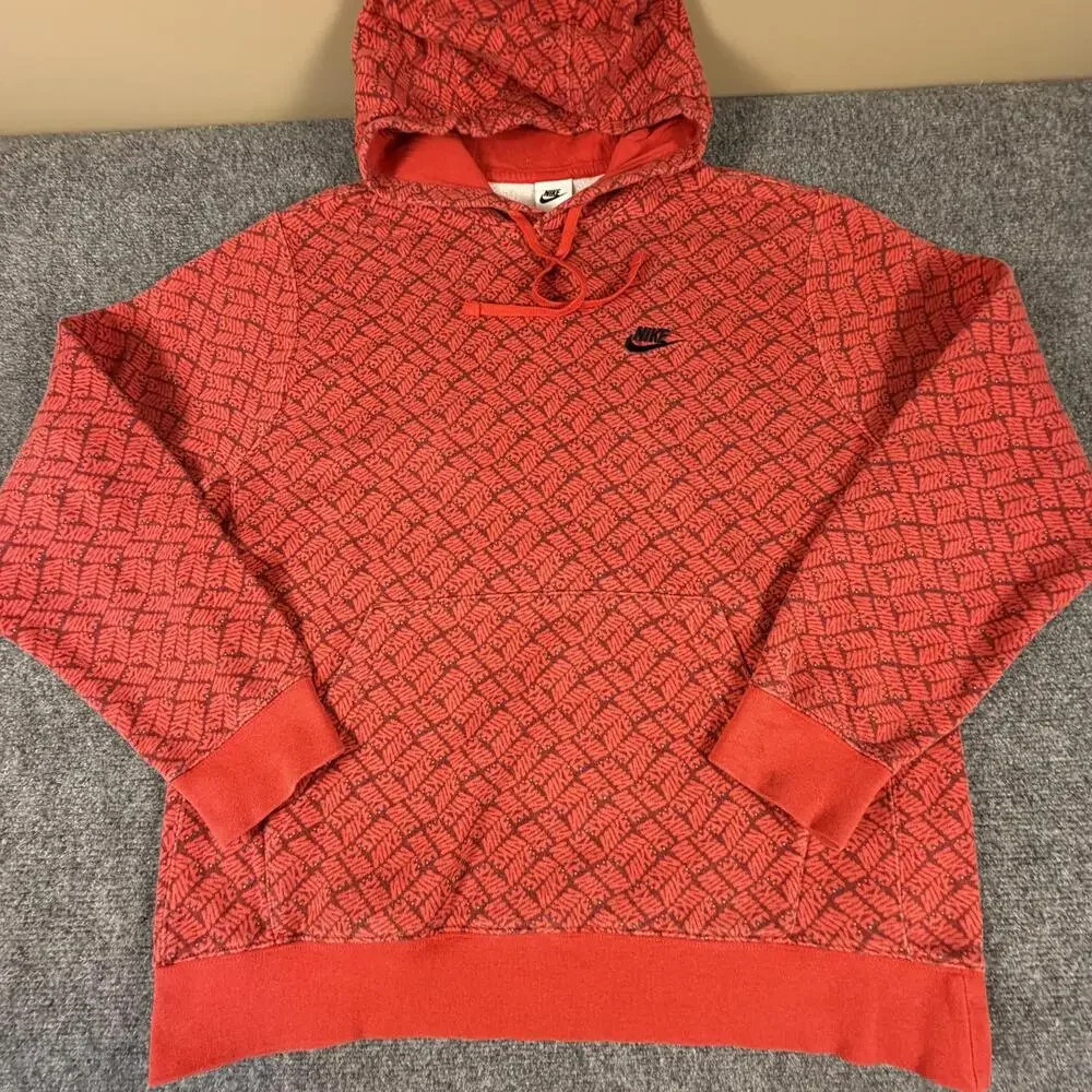 Nike Mens Red All Over Logo‎ Pattern Fleece Hoodie Sweatshirt Large #912